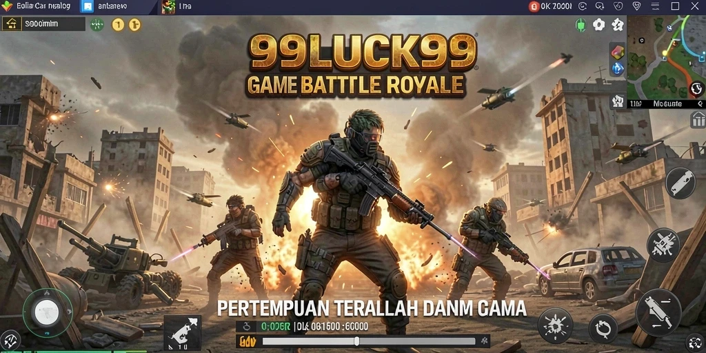 Screenshot utama 99LUCK99 menampilkan aksi pertempuran intens di Battle Royale.