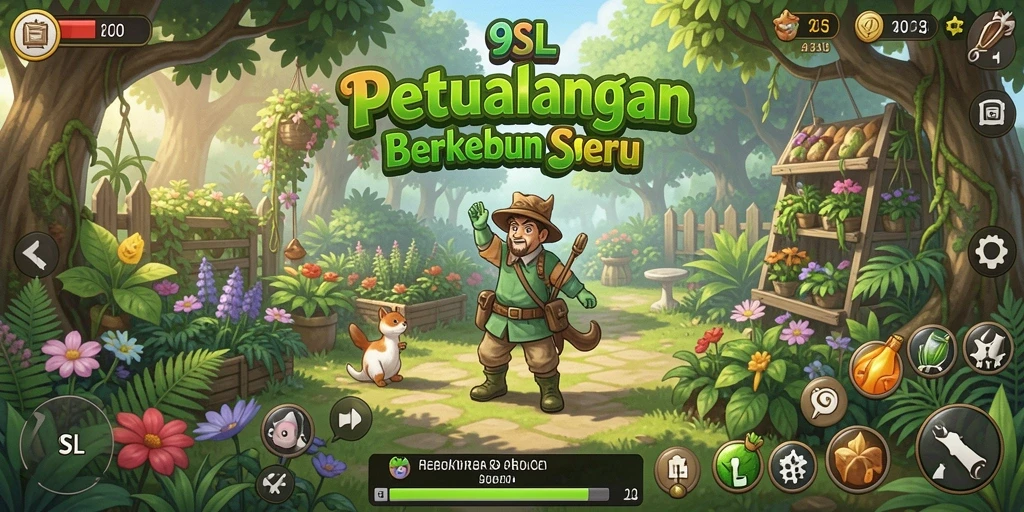 Screenshot gameplay 9SL menampilkan kebun yang indah dan tanaman subur.