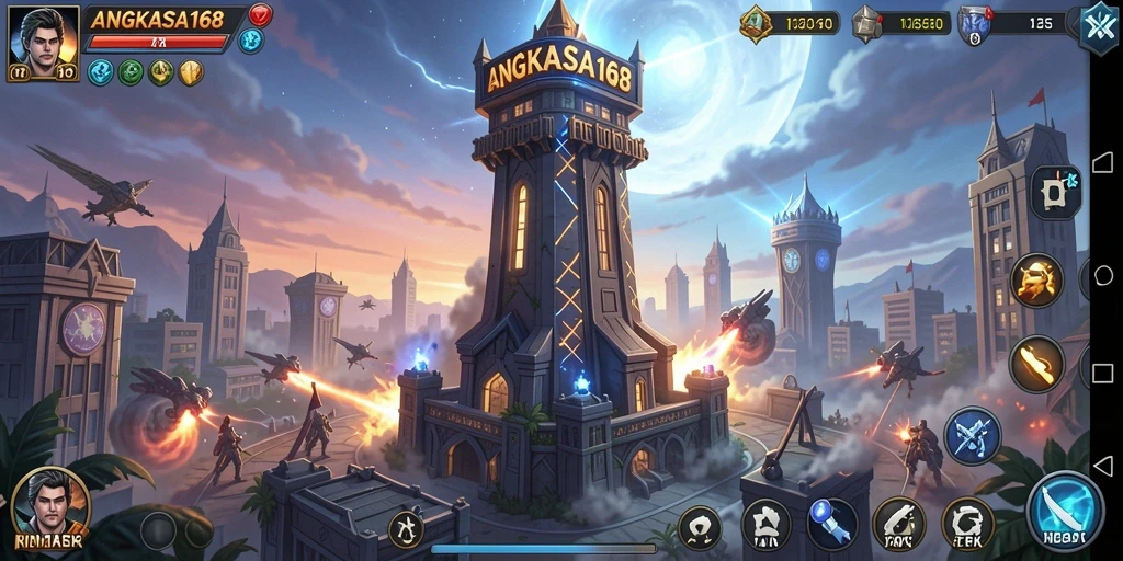 Tampilan gameplay <strong>ANGKASA168</strong> yang menakjubkan dalam pertarungan Tower Defense.