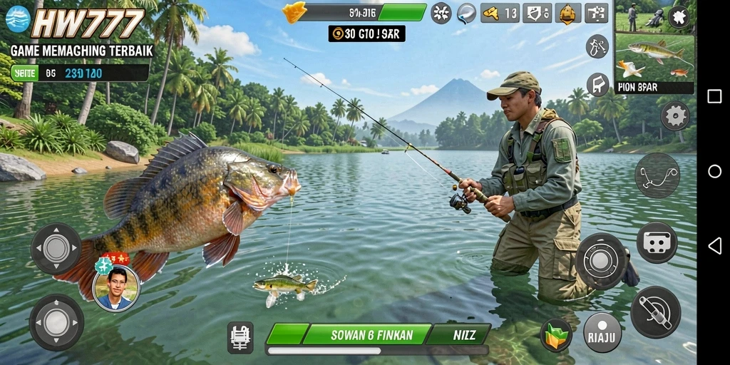 Screenshot gameplay HW777 menampilkan aksi memancing seru yang memukau.