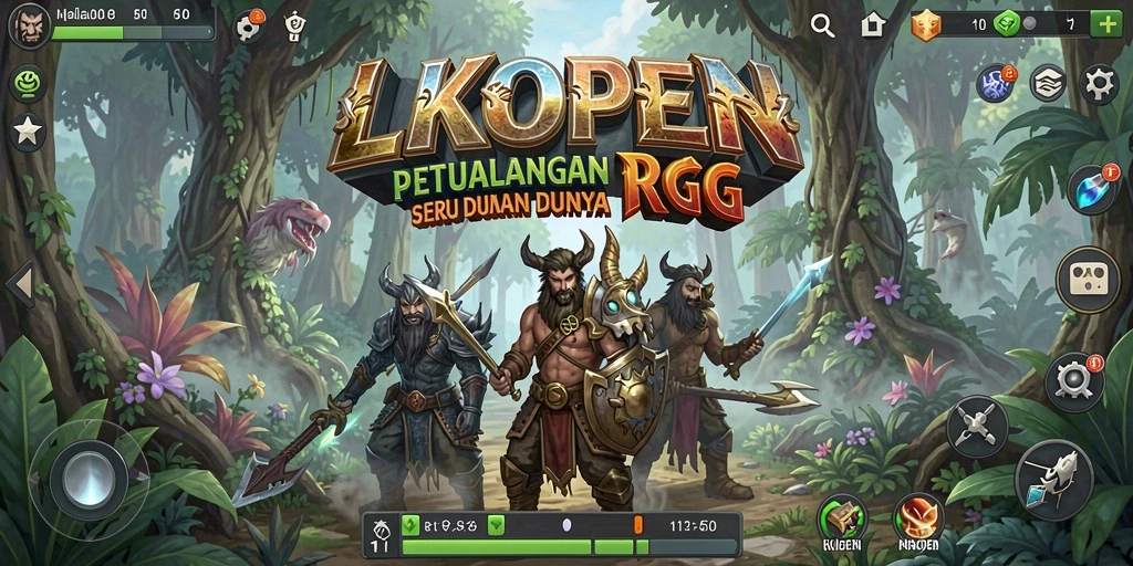 Tangkapan layar utama LKOPEN menampilkan pertempuran epik dalam dunia RPG yang luas.