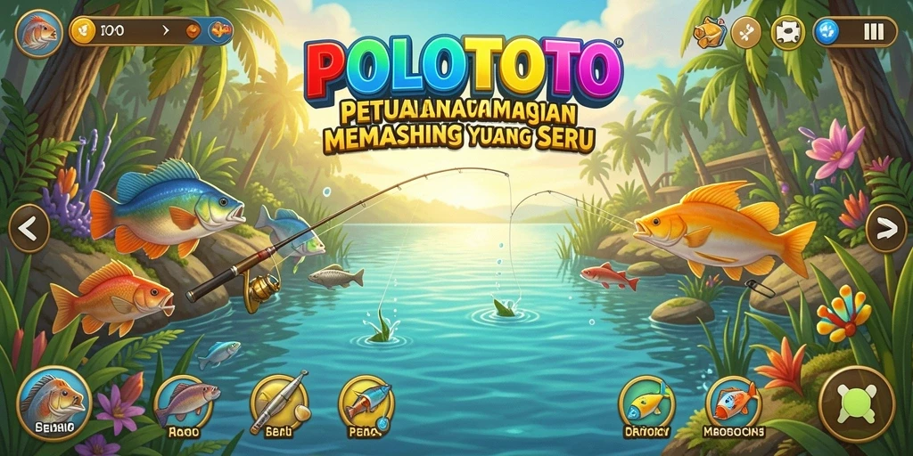 Gameplay memancing menantang di POLOTOTO dengan berbagai lokasi dan ikan.