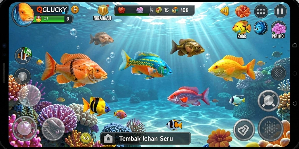 Tampilan gameplay seru dalam QGLUCKY dengan berbagai jenis ikan.