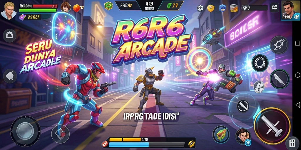 Tangkapan layar utama R6R6 menampilkan aksi seru dalam permainan arcade.