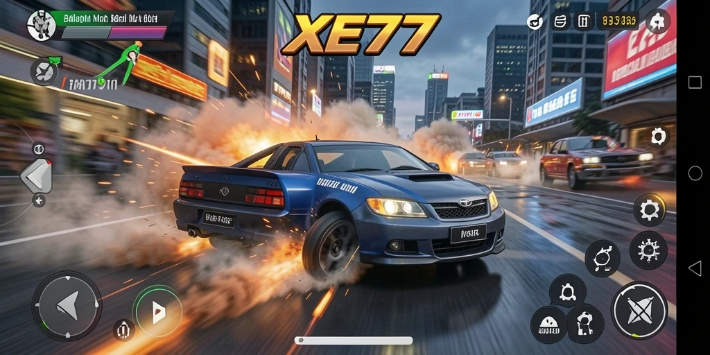 Tampilan gameplay XE77 dengan balapan mobil yang seru dan menegangkan.